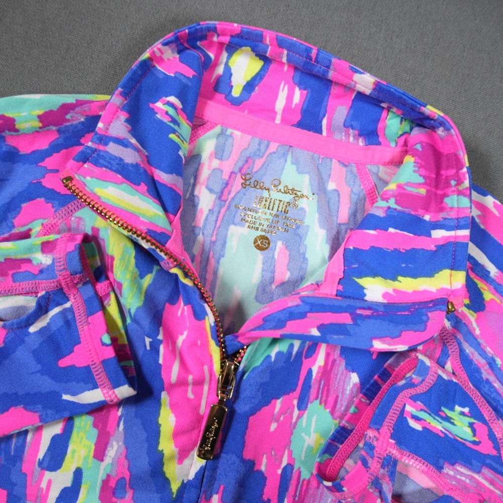 Lilly Pulitzer Luxletic Ikat Zip Thumbhole Women Jacket XS Pink Blue Yoga Gym
